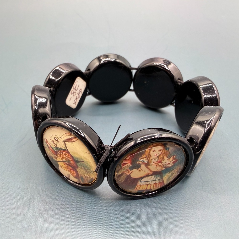 Alice in Wonderland Black Stretch Bracelet White Rabbit Cards Gothic Statement